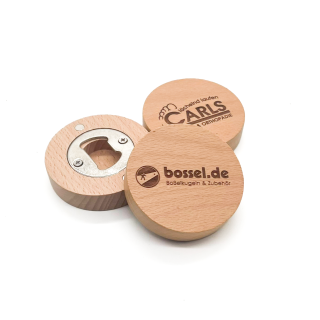Flaschenöffner rund Buche mit Text oder Logo rund 6,4cm und Magnet