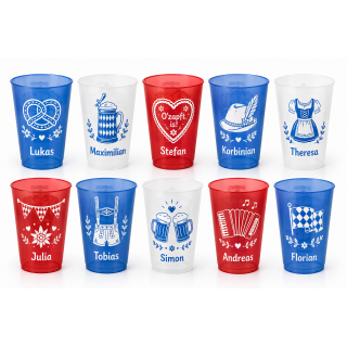 Mehrweg-Partybecher mit wechselbaren Icons – bayerisches Festdesign für Volksfeste, Gartenpartys und Feiern, flexibel